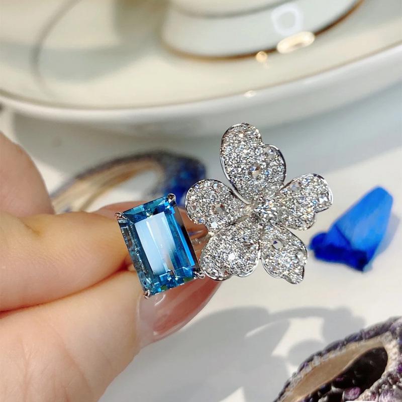 French-Colored Gem Women s Sapphire Open Ring, Five-Petal Design, High-End Niche Luxury Jewelry. Adjustable