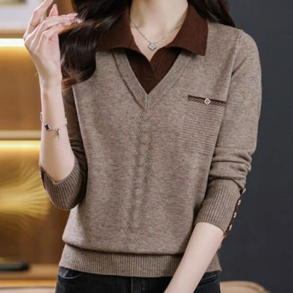 Navava Women Casual 2in1 Collar Long Sleeve Knit Top Nk2802