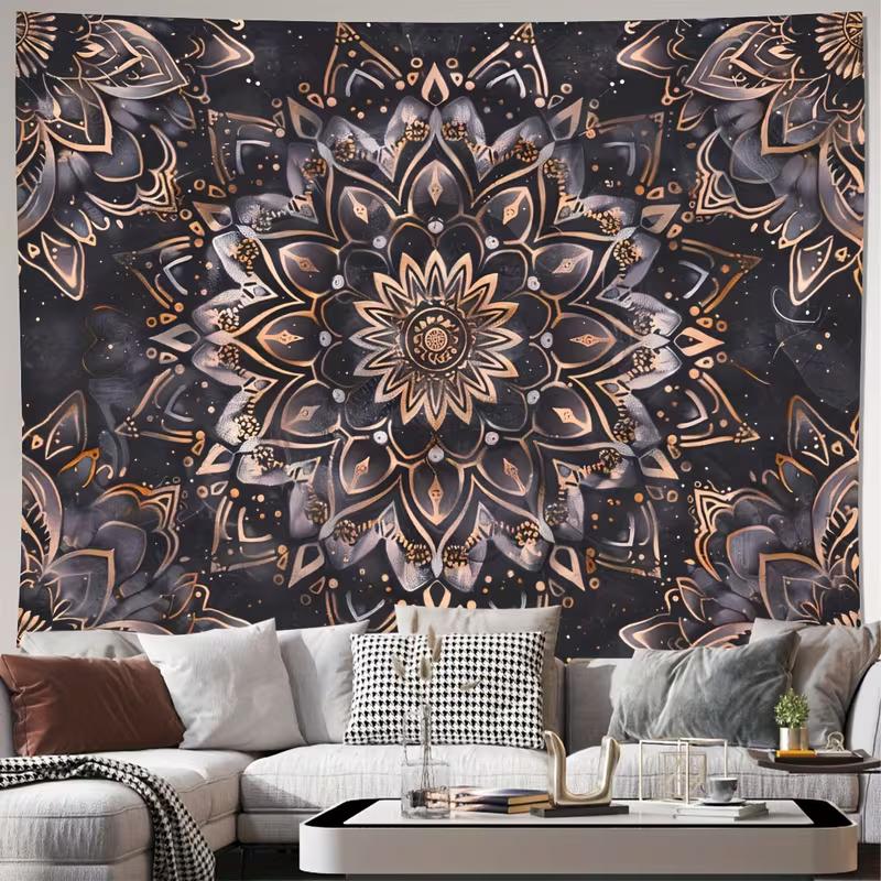 

2D Black Gold Mandala Tapestry, Boho Floral Wall Hanging for Bedroom 47.2x31.5inch/120*80cm