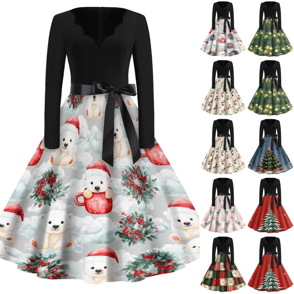 Women's Casual Vintage V-Neck Long Sleeve Dress with Christmas Print