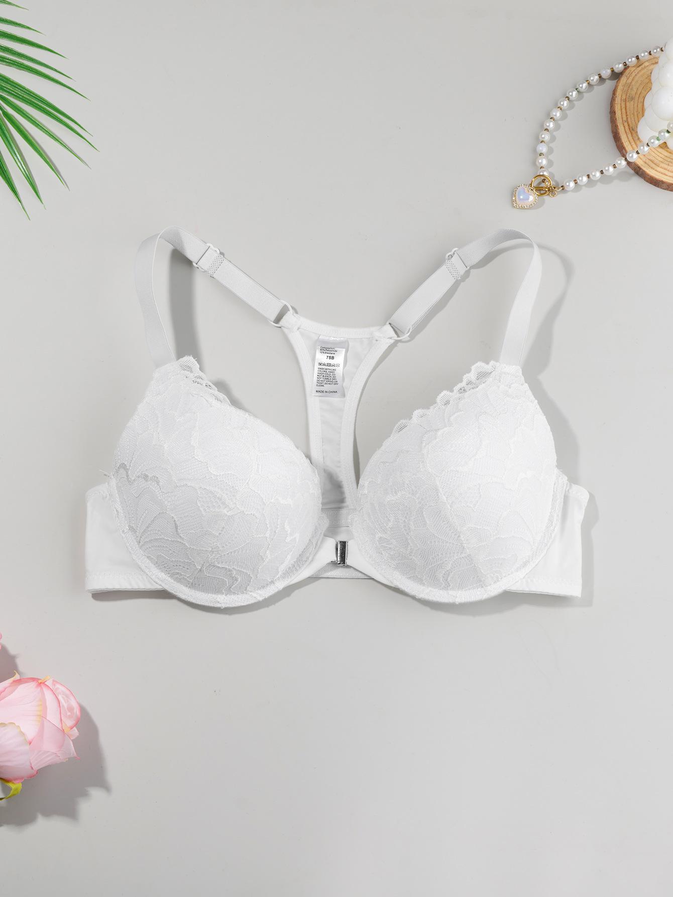 

Кружевное нижнее белье с тонкой чашкой и косточками, с застежкой спереди и элегантным дизайном спинки 85C белый