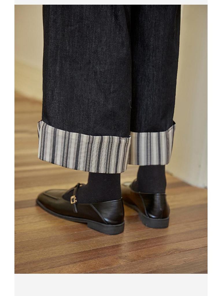 Women's Striped Patchwork Retro Wide-Leg Jeans: Slimming, Elastic Waist, Straight-Leg Pants for Spring