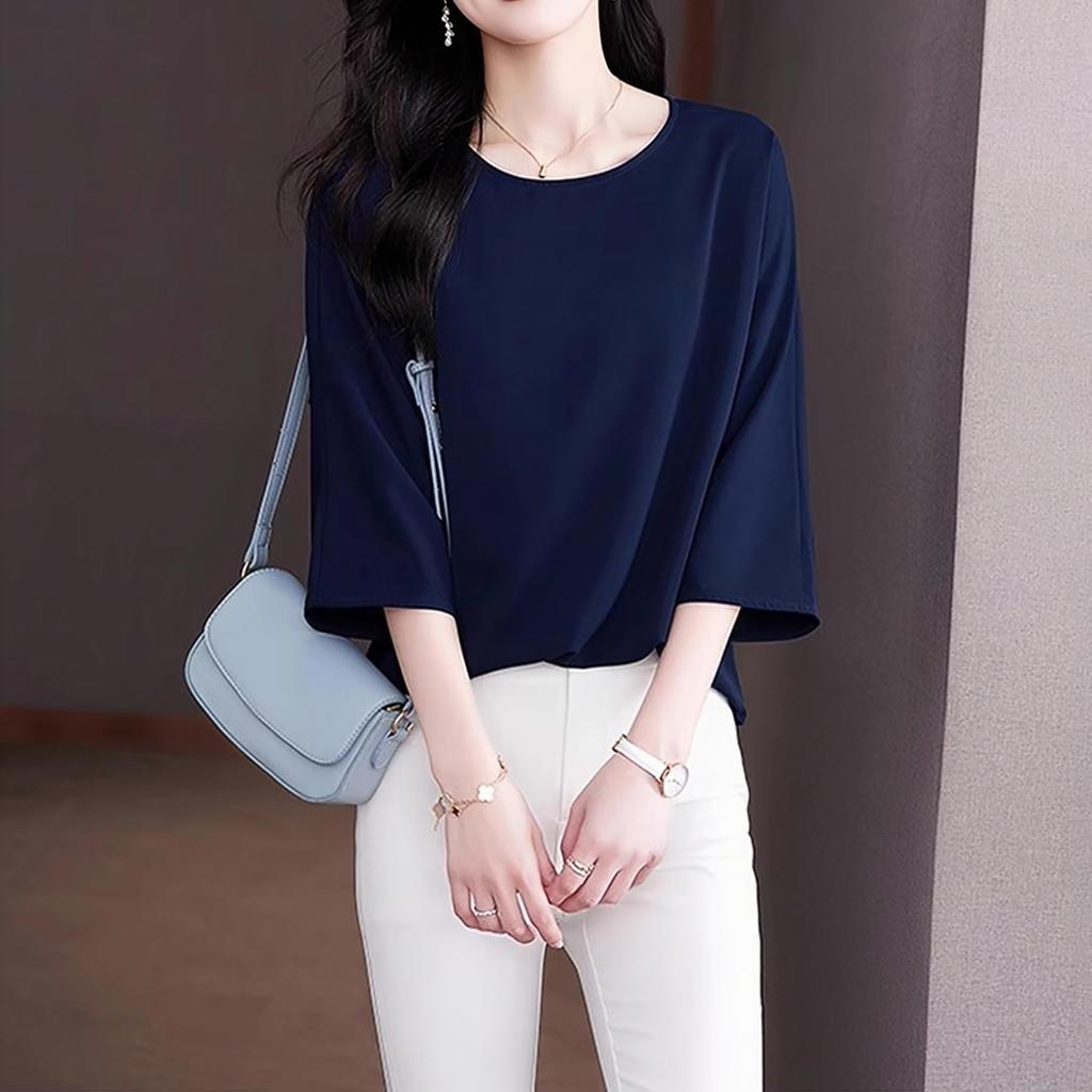 Blouse for Loose Summer Business [Lalapala] Women, 3/4 Sleeve, Summer, Chiffon, Top, Fit, Simple, Thin, Silky, Pullover, Suit, Innerwear, Silky,
