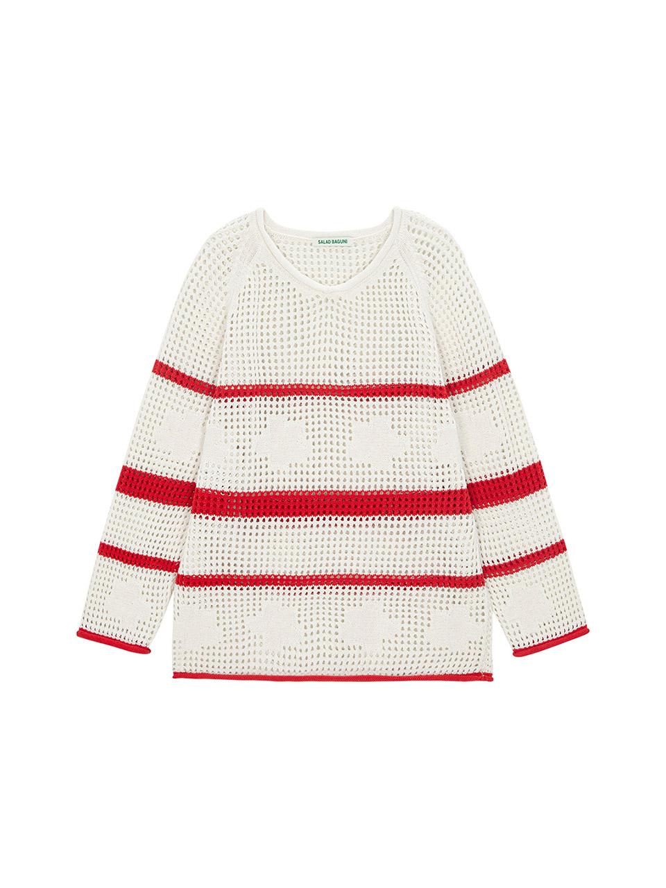 Salad Basket Flower Stripe Mesh Sweater - Ivory Red