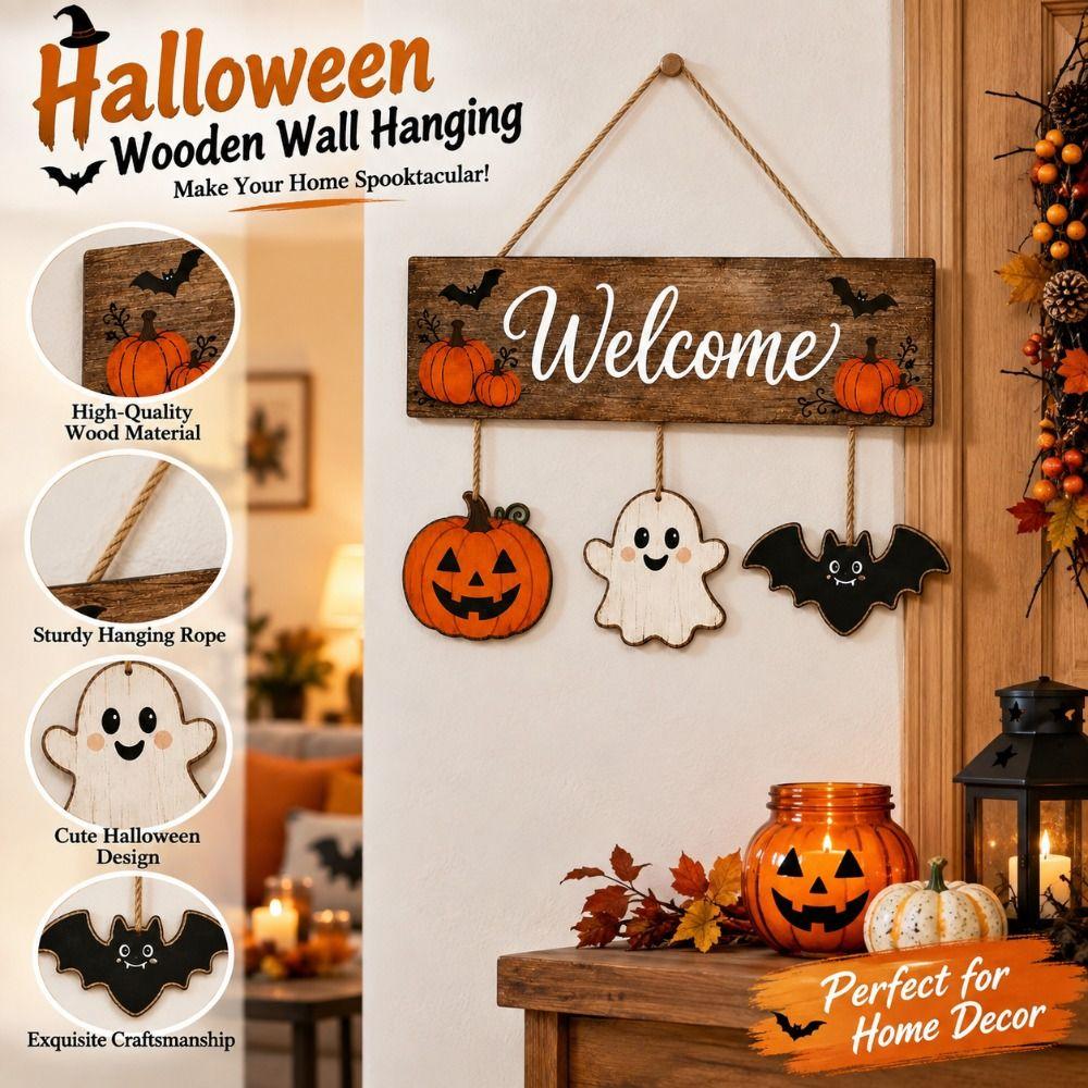 Wear-Resistant Halloween Wooden Welcome Sign 2D Flat Rustic Welcome Board Pendant Autumn Season