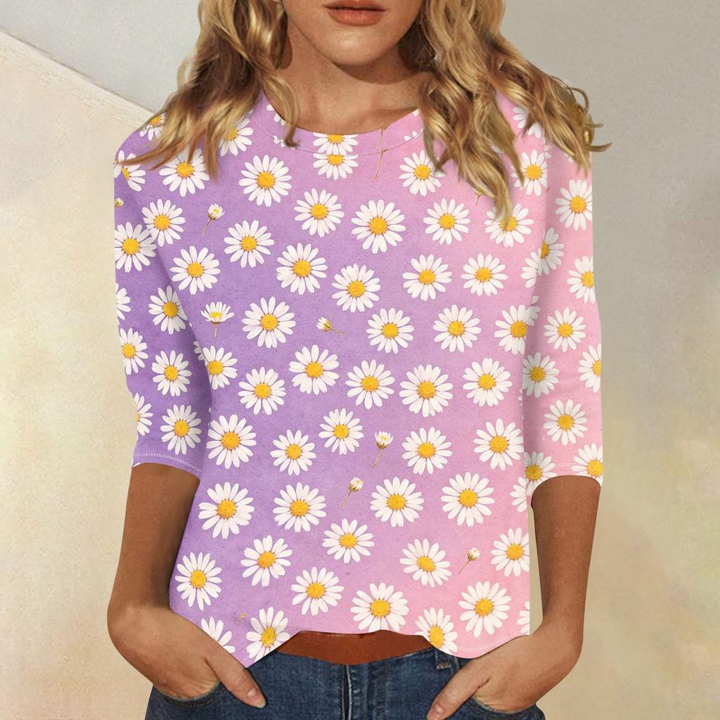 Women Casual Floral Print Three Quarter Sleeve Round Neck Shirt Lightweight Comfortable Top for Everyday Wear