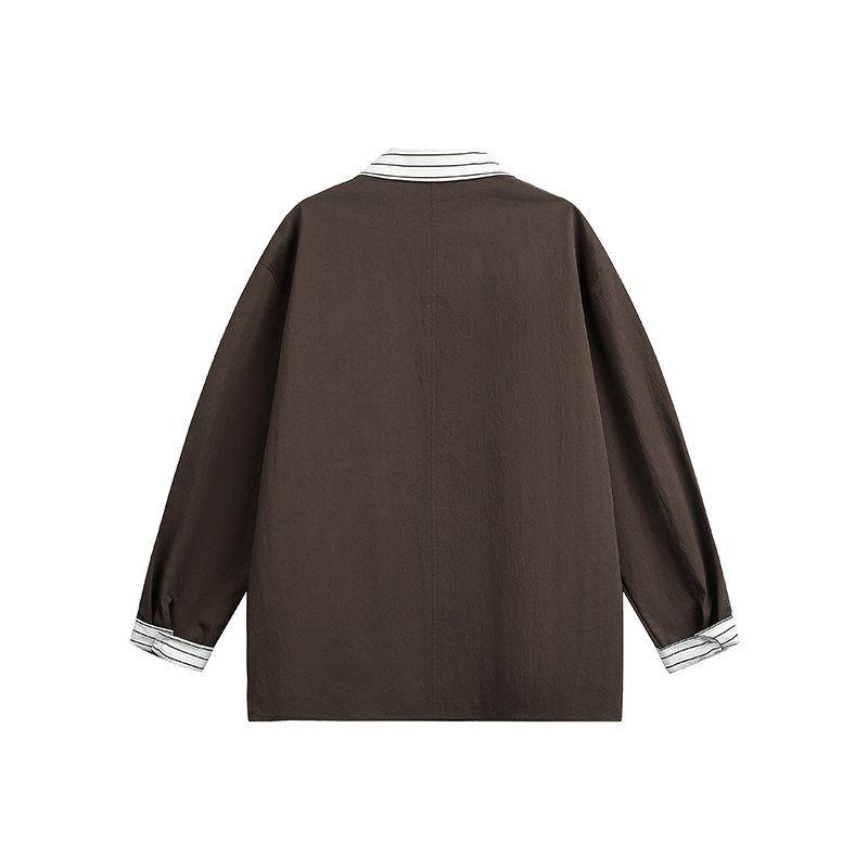 Oversized Brown Contrast Striped Collar Shirt Men Women Long Sleeve Casual Button Down Blouse Loose Fit Lapel Patch Pocket Top