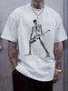 Casual Crew Neck T-shirt with Rock 'n' Roll Skeleton Guitar Print - Short Sleeve