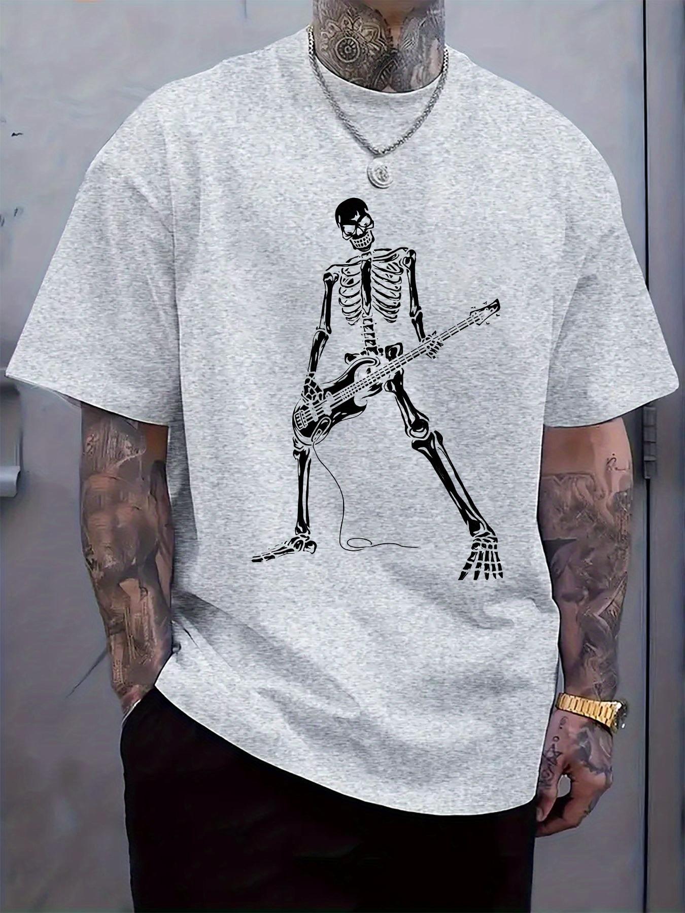 Casual Crew Neck Tshirt with Rock n Roll Skeleton Guita... L