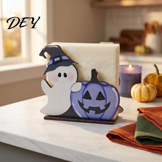 Halloween Party Table Setting Wooden Paper Towel Holder, Vertical Napkin Stand, Retro Dark Style Unique Spooky Souvenir for Home Freestanding