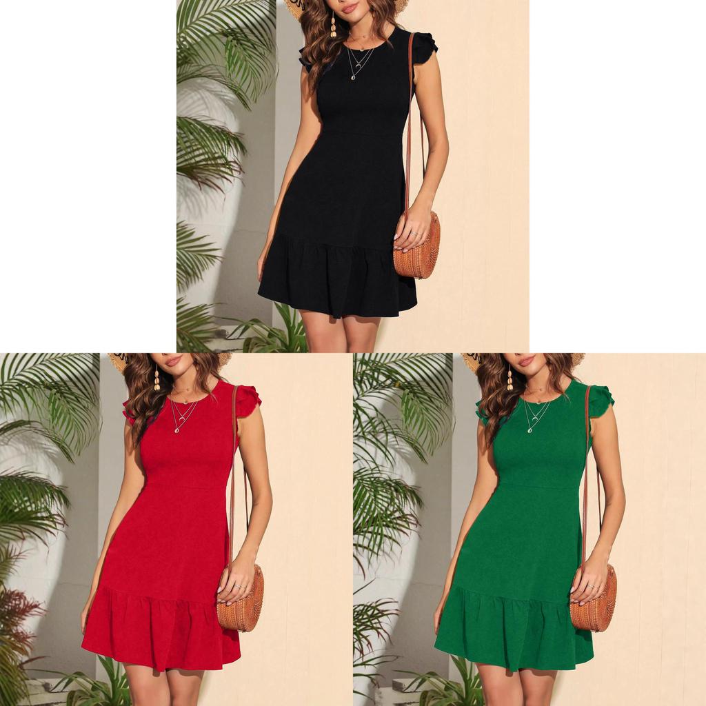 Knit Fabric A Line Dress With Ruffle Sleeves For Summer Beach Vacation