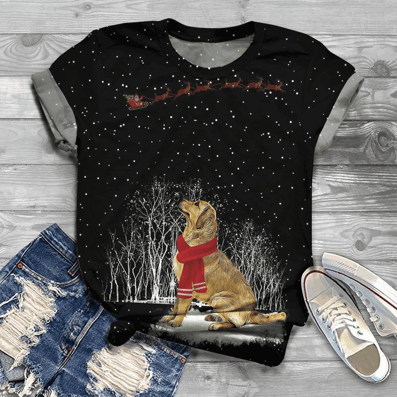 Summer New Printed Short Sleeve Top for Women, Round Neck 3D Dog Printed Women's T-shirt