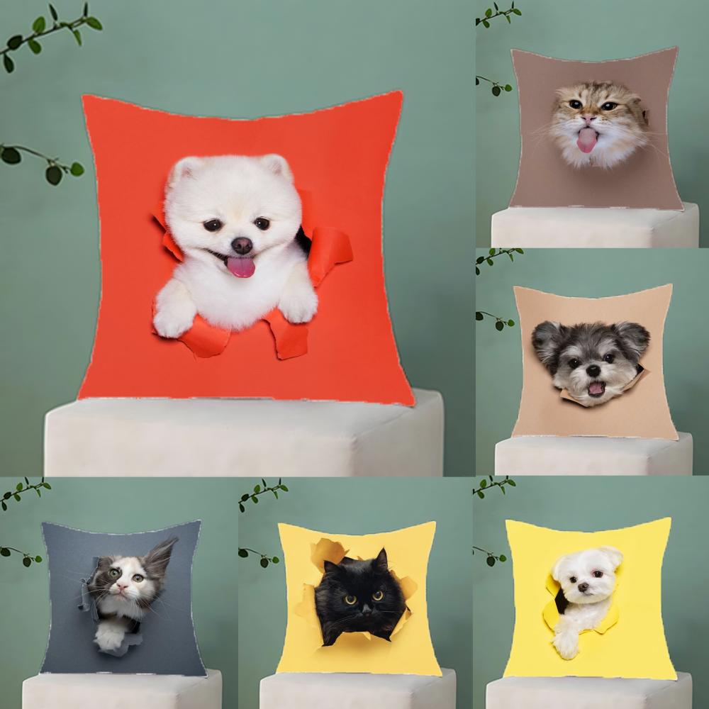 CuteNaughty Cute Cats Dogs Pillow Case Antidustmite Pillowcase Invisible Zipper Silky Short Plush Sofa Cushion Cover