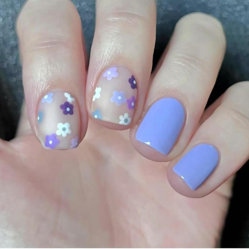 

24 Pcs Lovely Flowers False Nail Purple Artificial Nail Glossy Full Cover Stick on Nail Short Square Press On Nail 1
