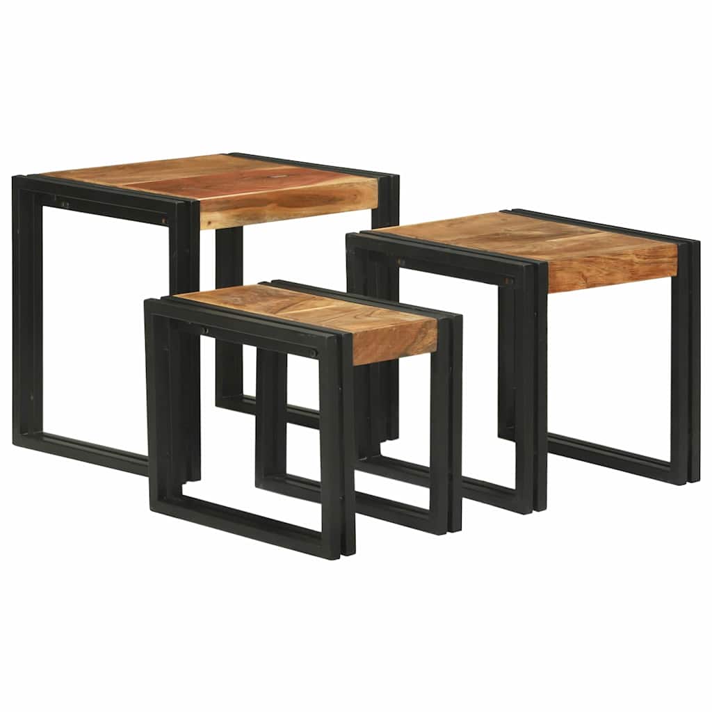 Nesting Table Set 3 Pcs Solid Acacia Wood and Metal