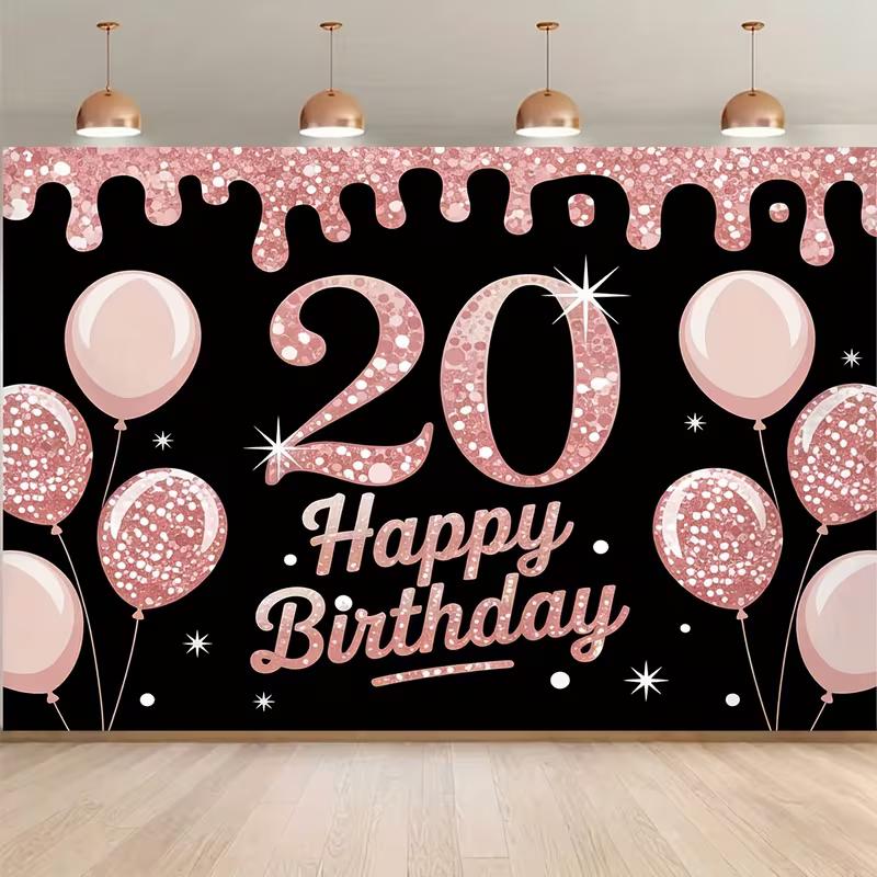 2D 20th Birthday Backdrop for Milestone Celebrations, Rose Gold & Black Themed Parties
