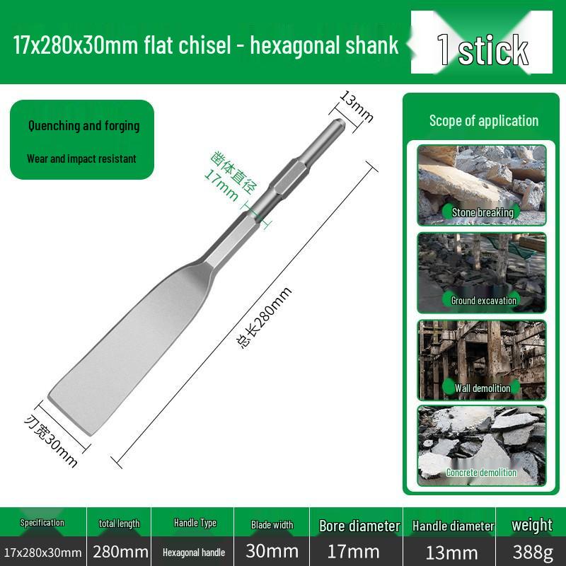 Electric Hammer Drill Bit Set: Square/Round/Hex Shanks, Ultra-Thin Flat/Point Chisel, Shovel, Slotted Wall-Cutting Chisel Head.