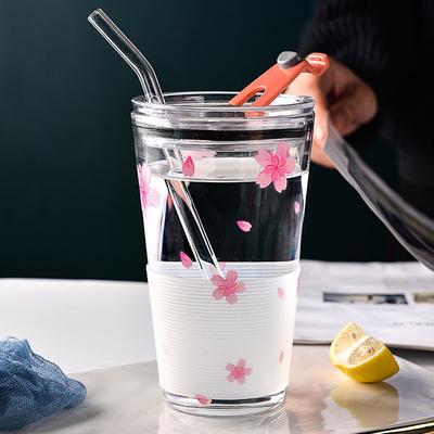 Kiraz Çiçeği Seyahat Cam Kahve Kupa Açık Isıya Dayanıklı Ölçekli Çay Fincanı Kaymaz Kapaklı Şeffaf Süt Kahvaltı Fincan