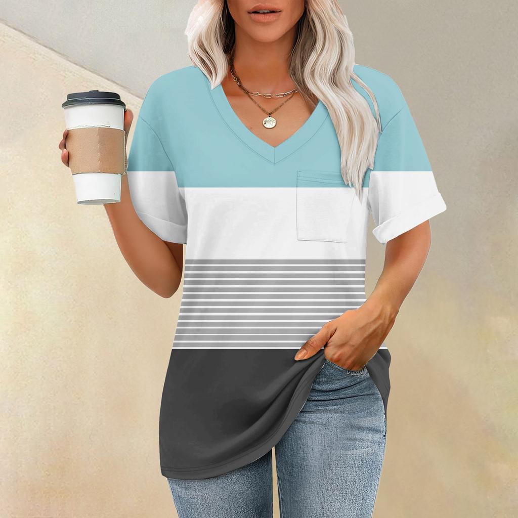 Fashion Pocket V-Neck Short Sleeve Striped Print T-Shirt Top
