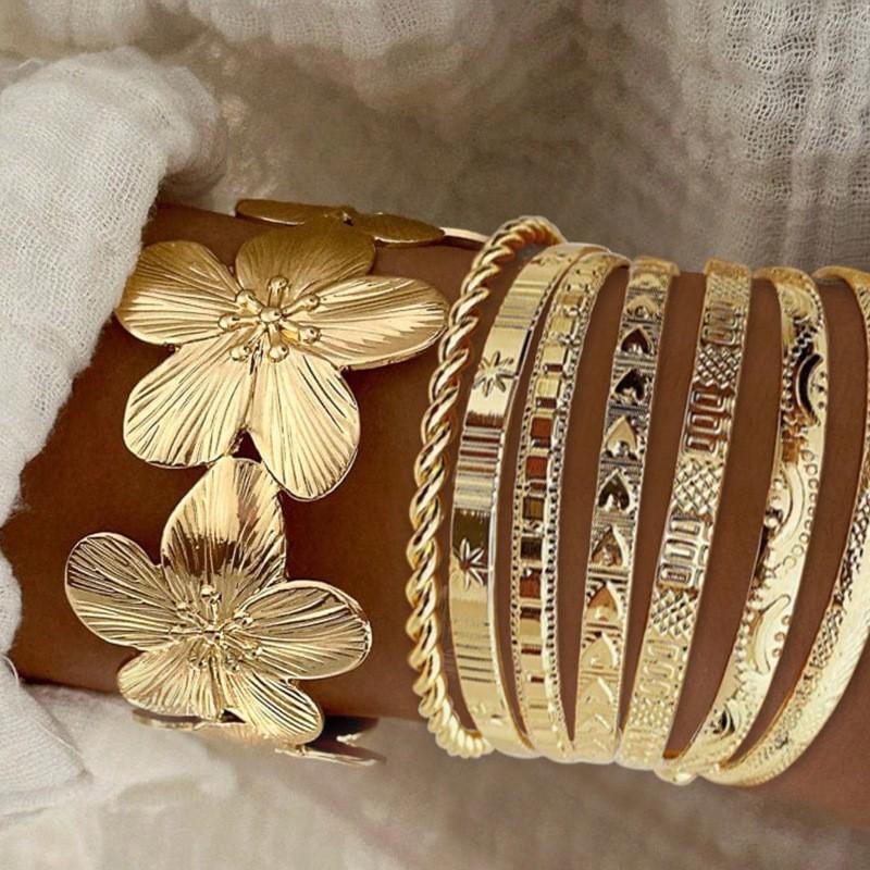 8 Pcs/Set Elegant Vintage Floral Striped Knotted Twisted Silver Gold Color Open Bracelets for Women Daily Wear Vacation Jewelry