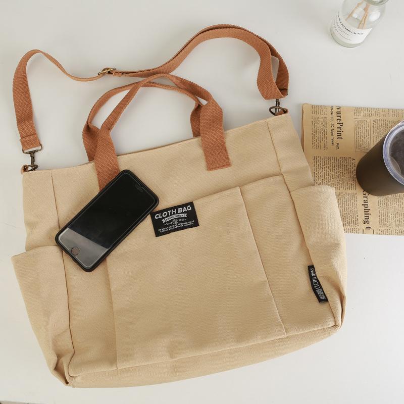 Tote Canvas Bag with Thickened Multiple Pockets, Japanese Casual Student Computer, Simple Handheld, Single Shoulder, Crossbody Backpack, Shoulder Bag