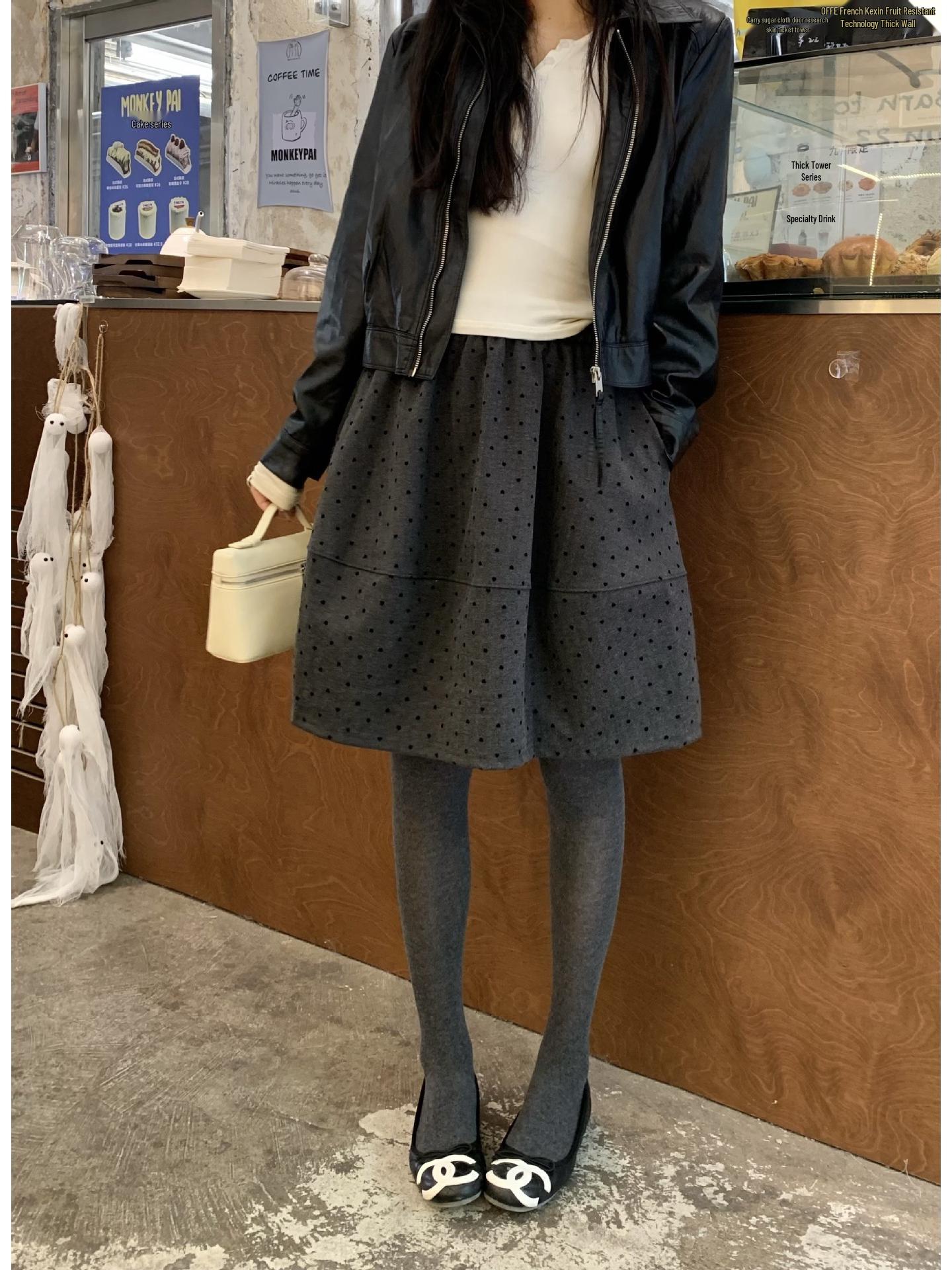 Ретро шерстяная клетчатая юбка миди в горошек с сердечками One Size серый