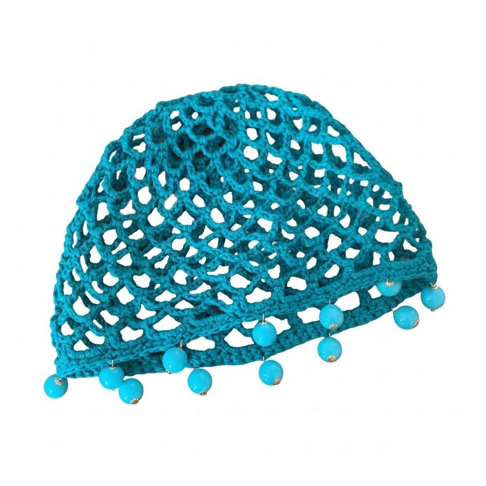 Pearl Fringed Crochet Hat Hollowed Out Woven Hat Casual Beret Cap  Bride Headpiece