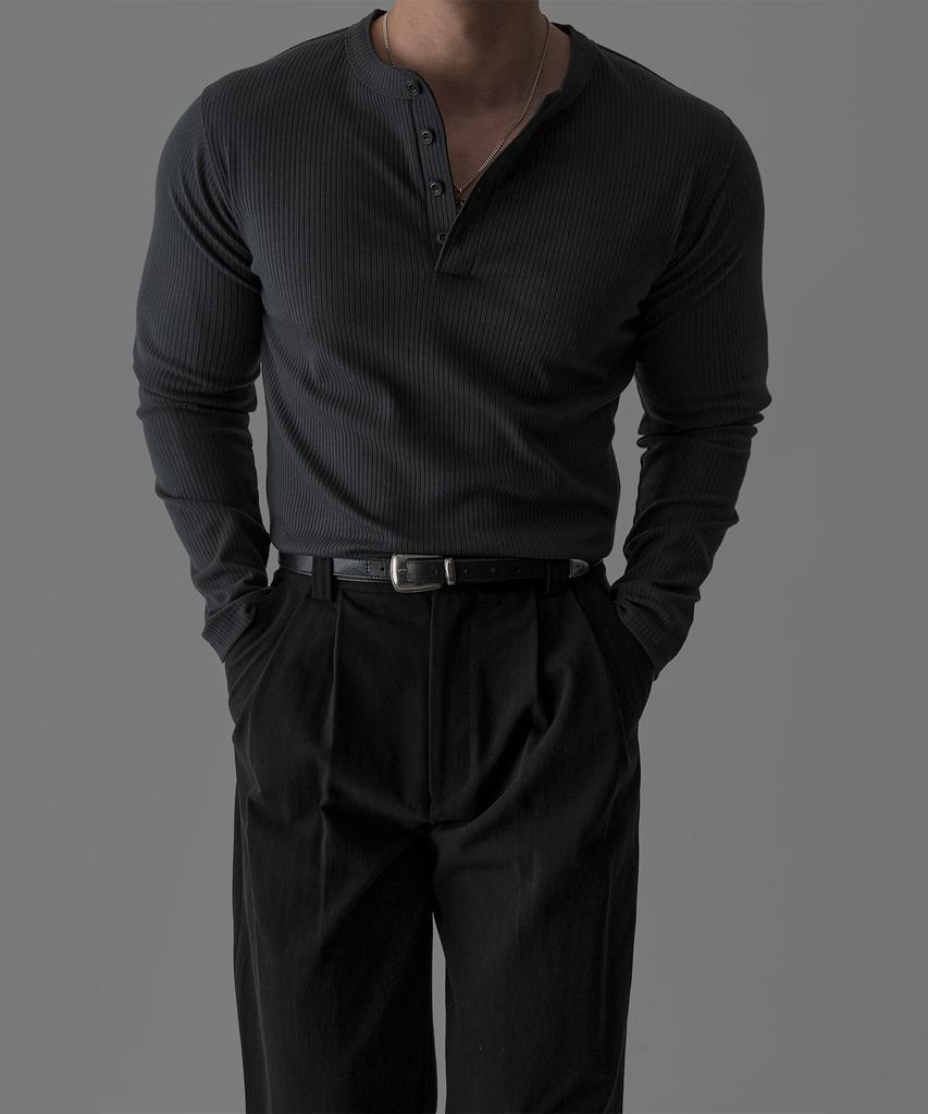Baulopeulodeogteu Soft Ribbed Muscle Henley Neck Knit Tee [Charcoal]