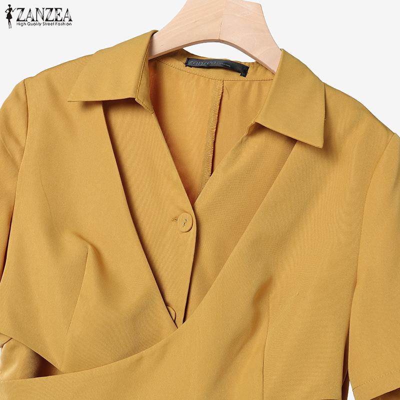 ZANZEA Women Casual Turn Down Collar Solid Color Summer Short Sleeve Dress