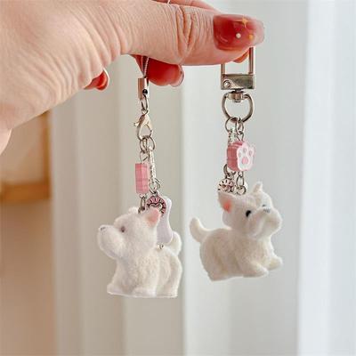 Cute Cartoon Lovely Animal Flocking West Highland Puppy Keychain Pendant Backpack Ornaments Bag Lanyard Phone Chain Couple Gifts
