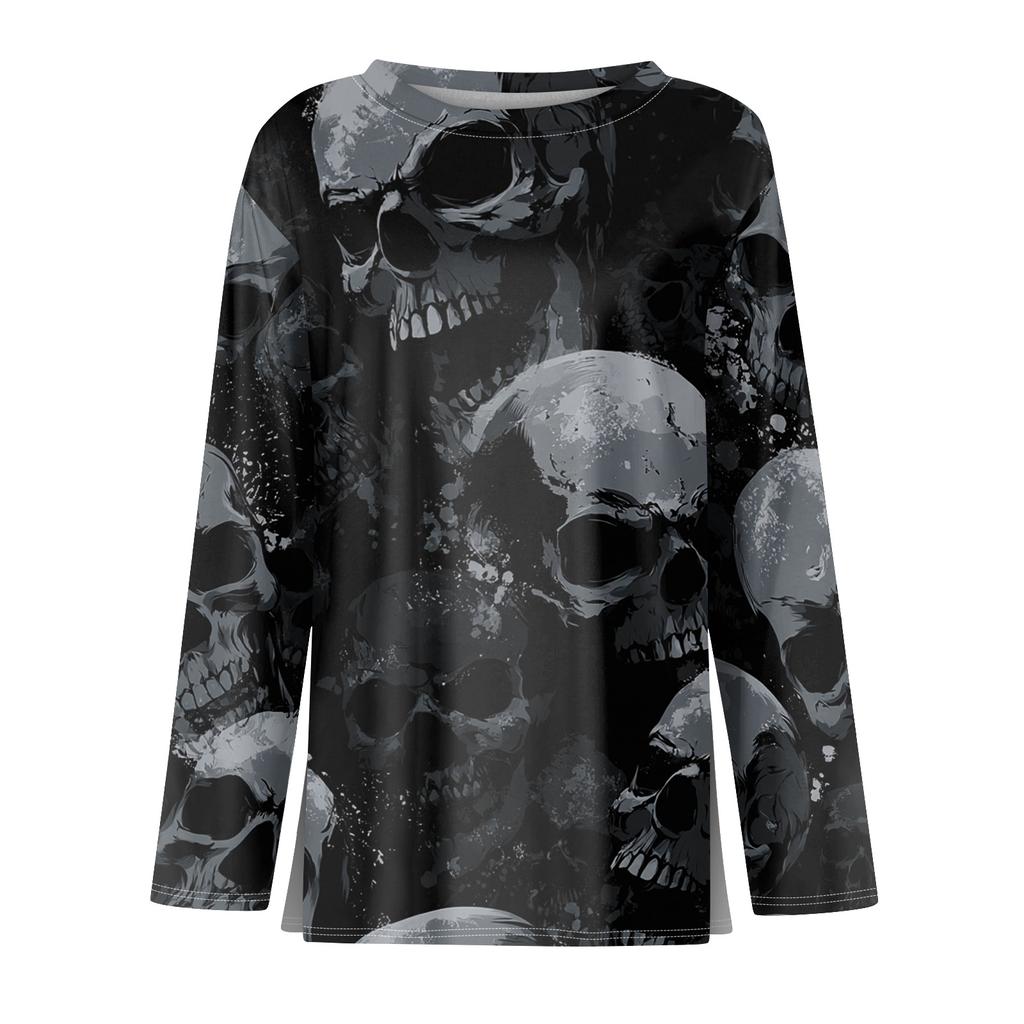 Women's Fashion Print Long Sleeve Top with Round Neck and Side Slits