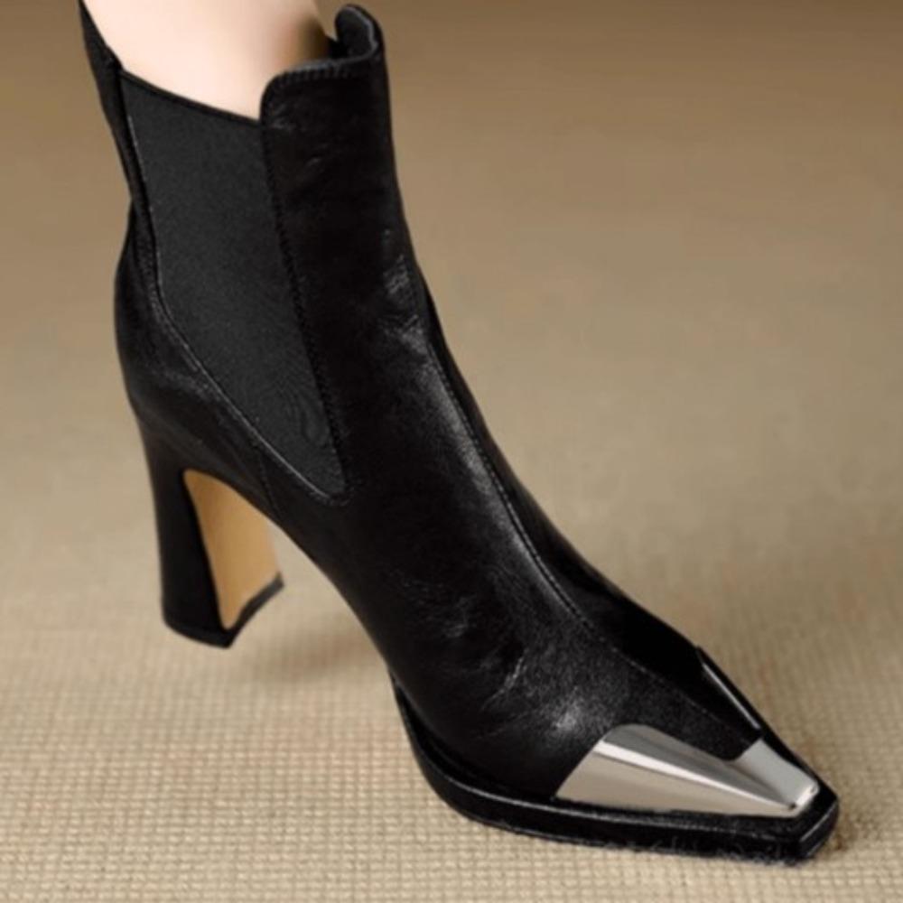 2025 Autumn and Winter New Arrivals Fashionable Pointed-Toe Ankle Boots for Women - High-Heeled Chunky Heel Metallic-Toe Caramel