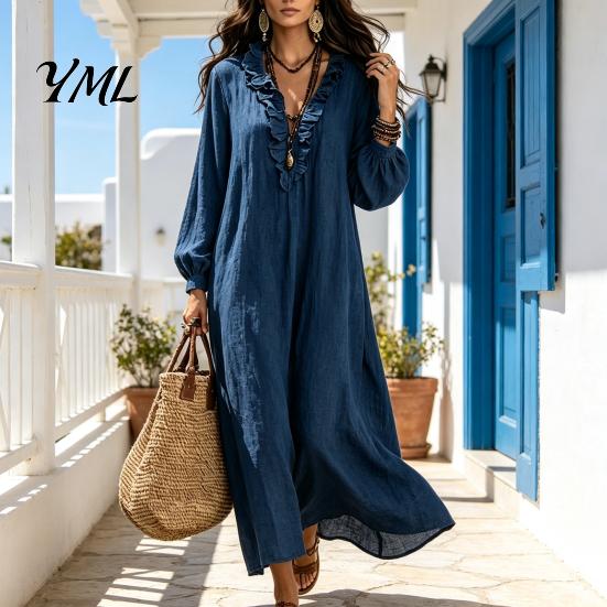 Casual Midi Dress Women Ruffle V Neck Long Dress, Loose Fit Dresses Solid Color Sleeves for Spring Autumn