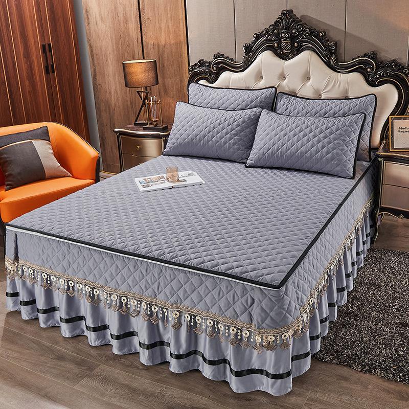 Seaweed Cotton Quilted Bed Skirt One-Piece Thickened Warm Removable Lace Bedspread Brushed Mattress Cover Three-Piece Set