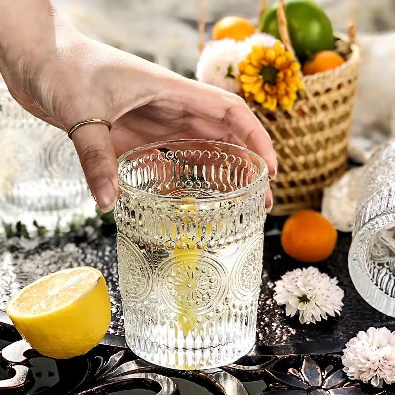 Sunflower Water Cup Embossed Transparent Glass Creative Home Office European Retro Juice Drink Milk Cup