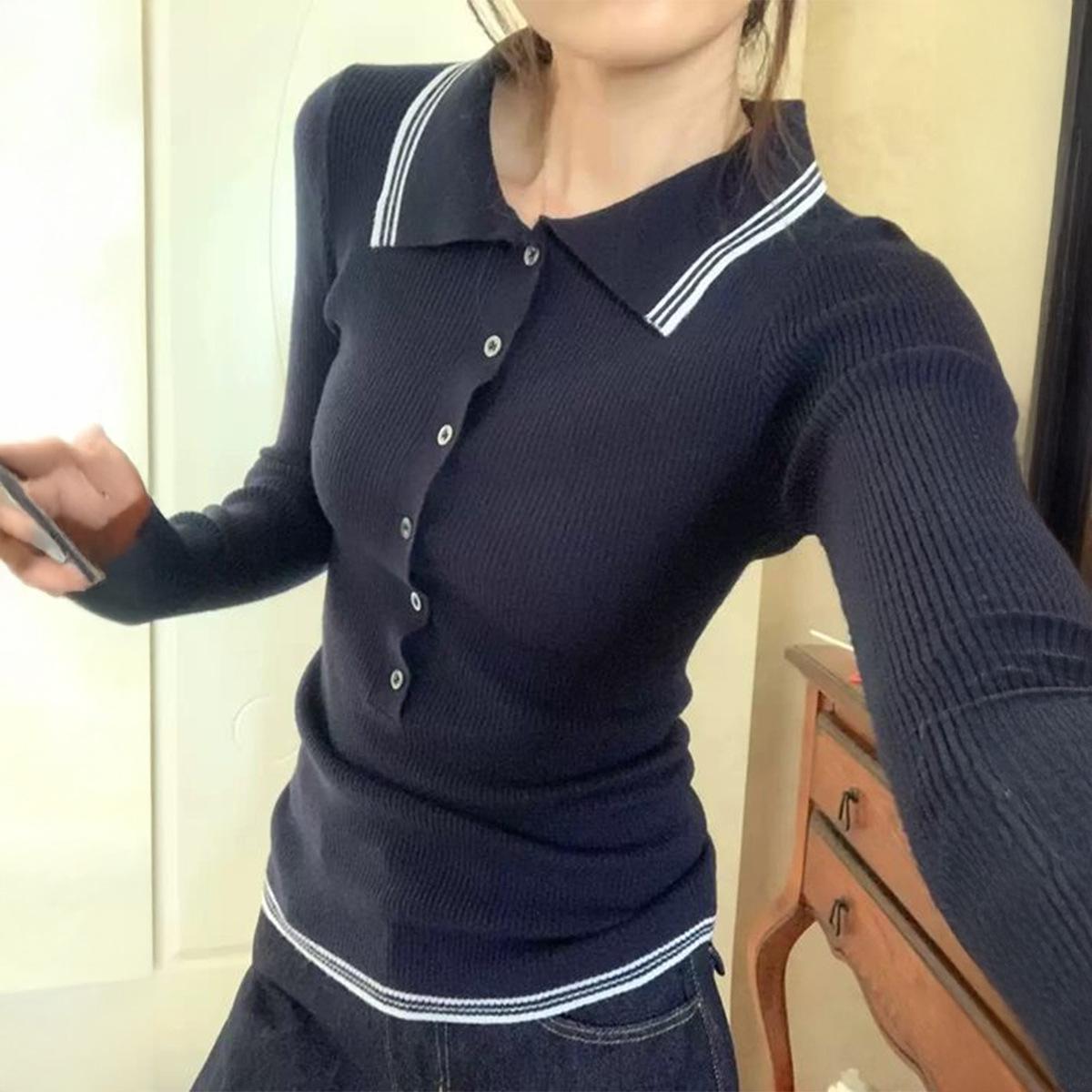 

Повседневный простой стиль шерстяной вязаный свитер-база женский 2025 осень-зима полосатый пуловер S синий