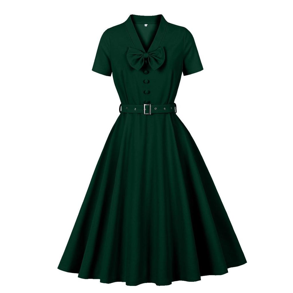 Damen Retro Swingkleider Kurzarm V-Ausschnitt Schleife Knopfleiste Gürtel Hepburn-Stil Kleid Hohe Taille Freizeitkleidung