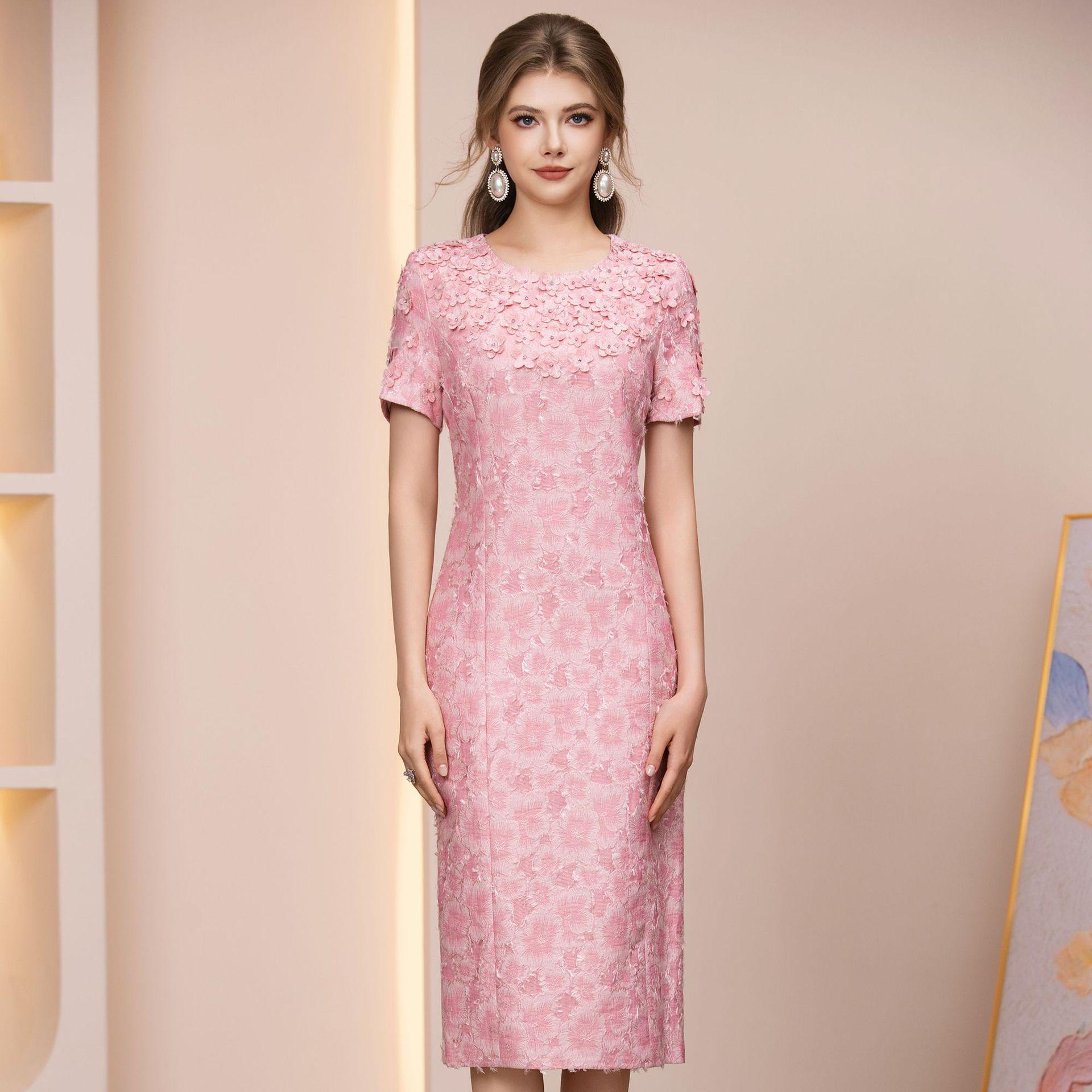 Zhi Li Elegant Pink Midi Dress with 3D Floral Detail and High Waist - Summer 2026 Collection 2XL розовый