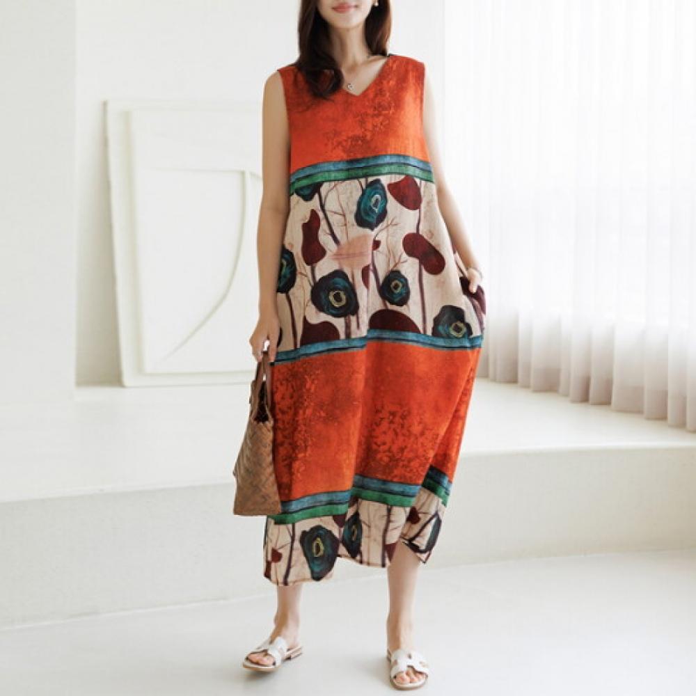 Dedra V Neck Pattern Rayon Long Dress Ope3074