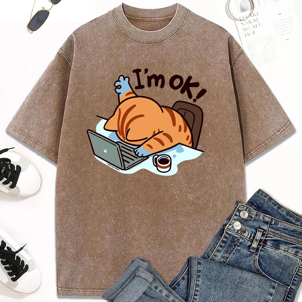 Arbetsdesign katt vatten tvätt vintage T-shirt herr- och dam sommar modekläder avslappnad kombination T-shirt