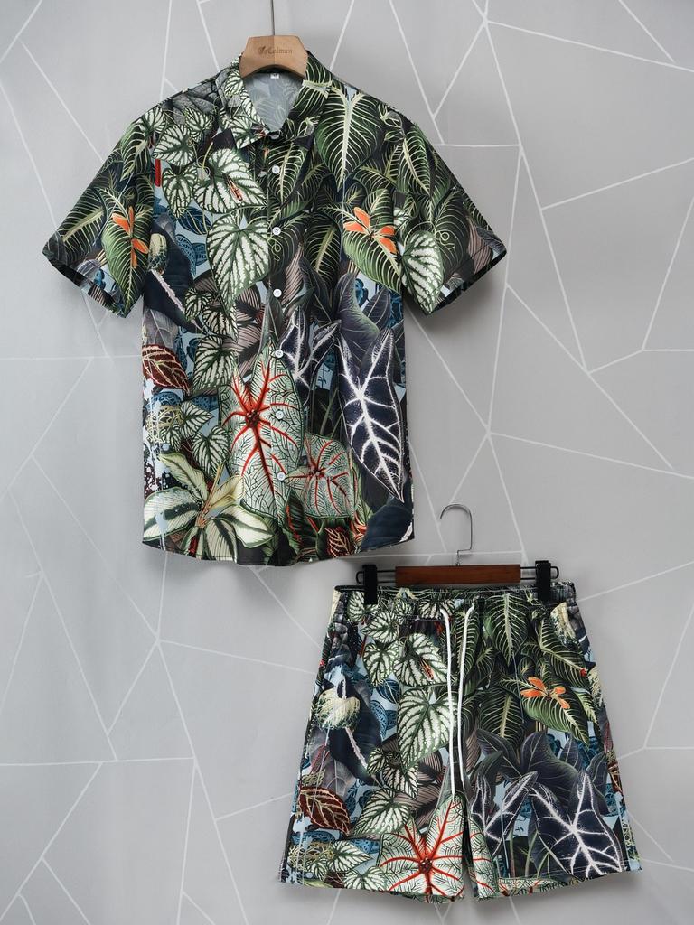 Men's Summer Palm Tree Tropical Plant Shirt Hawaiian Shirt 2-Piece Set Short Sleeve Shorts Lapel Tropical Fashion Casual Holiday
