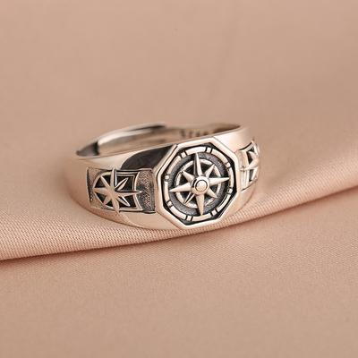 Anello bussola Poseidone retrò placcato argento esagramma apertura anello regolabile regalo di gioielli di tendenza hip-hop per uomini e donne