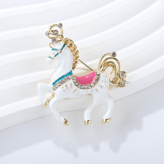 Brooch Zinc Alloy Enamel Pin Carousel Horse Pin with Rhinestones Encrusted Saddle Mane Coat Bag Hat Scarf Accessory