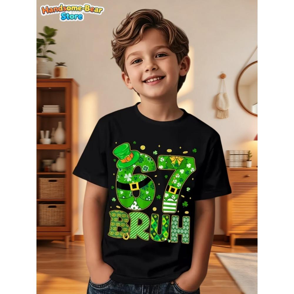 Six Seven Bruh 67 Meme Kids Clothes Happy St. Patrick's Day Girl Boy T-Shirt Children's Clover Irish Day Crew Neck Short Sleeves