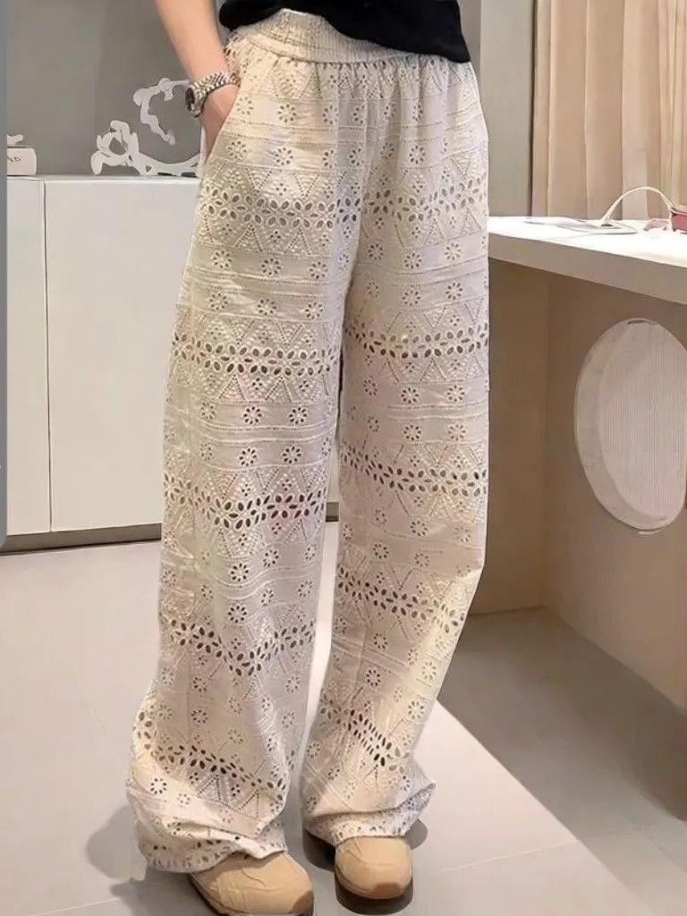 Women's High Waist Wide Leg Pants Straight Cut Hollow Lace Loose Casual Summer Trousers