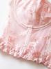 Pink Mesh Embroidered Corset Lingerie: Sexy Bandeau with Fishbone Detailing