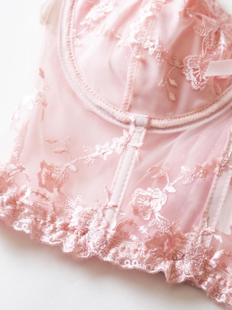 Pink Mesh Embroidered Corset Lingerie: Sexy Bandeau with Fishbone Detailing