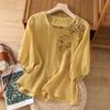 Women's Cotton And Linen Embroidered Loose Retro Round Neck Pullover Top