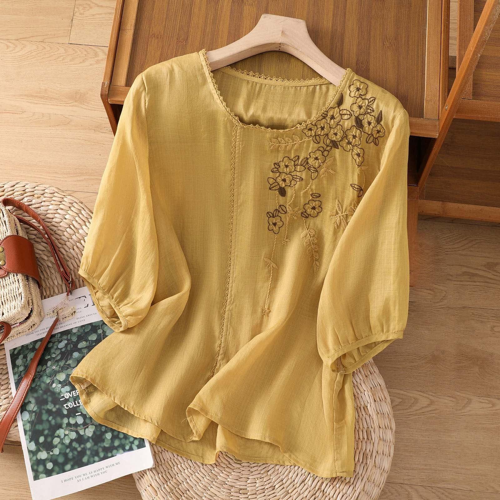 

Women s Cotton And Linen Embroidered Loose Retro Round Neck Pullover Top XL жовтий