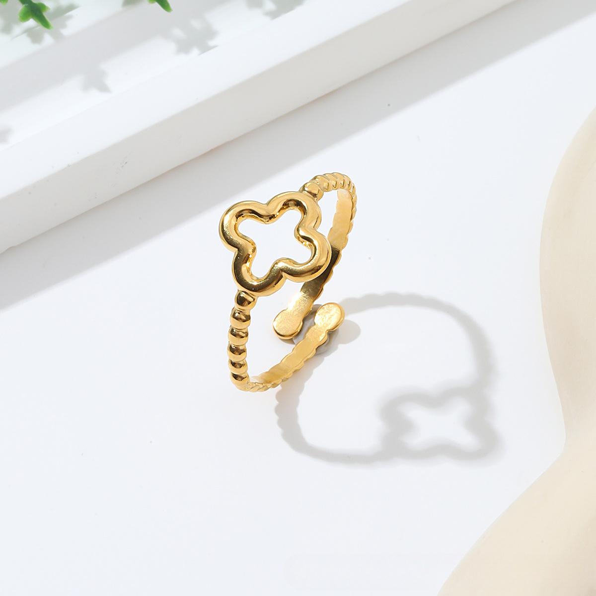 

Новое модное простое кольцо из нержавеющей стали с геометрическим отверстием, регулируемое, роскошное, модное, с четырьмя листьями клевера, женское золотой